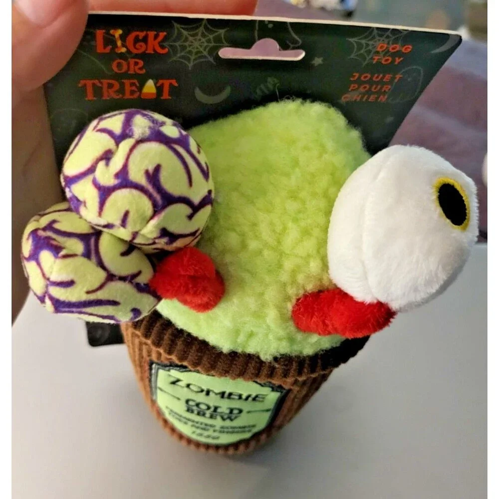 2 NIP Squeaky Coffee-Theme Dog Toys Lick or Treat Zombie Cold Brew, Need Coffee